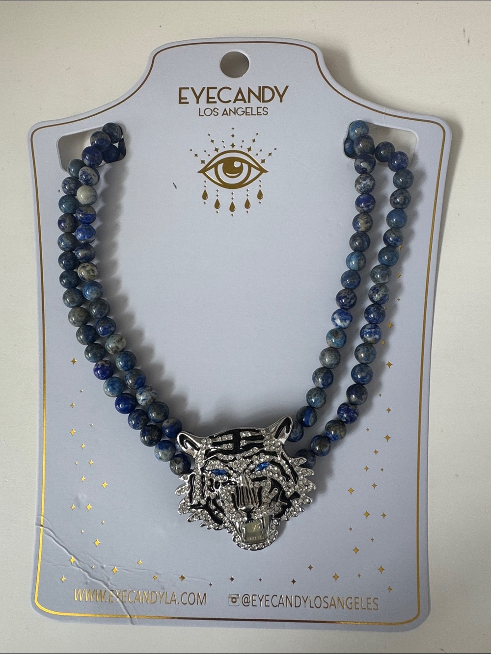 eye candy Blue Beaded Double-Strand Necklace with Tiger Pendant